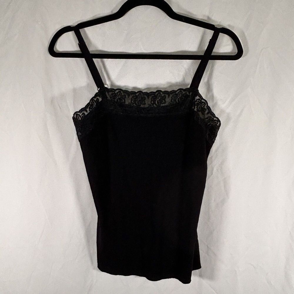 Chico's Tank Top Women's 1 Medium Black Floral Sheer Trim Ribbed Pullover